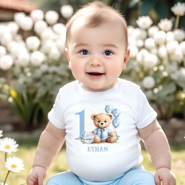 Camiseta Teddy Bear primeiro aniversario Blue Beige Baby T  (Teddy Bear 1st Birthday Blue Beige Baby T-shirt)