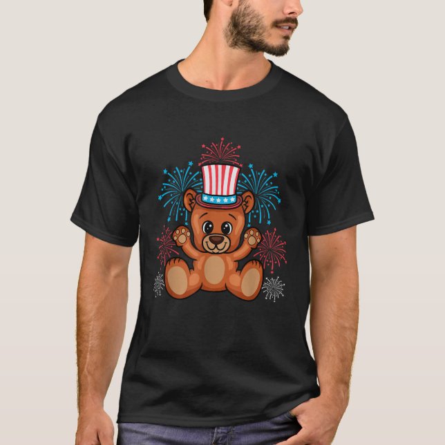 Camiseta Teddy Bear USA Fireworks 4 De Julho Quarto Indepe (Frente)