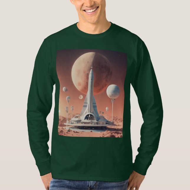 Camiseta Tee Base Retro-Futurística Da Lua De Longa Folha (Frente)