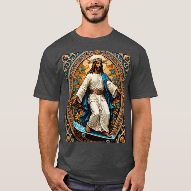 Camiseta Tee do Estilo Sagrado do Skateboard Jesus (Frente)