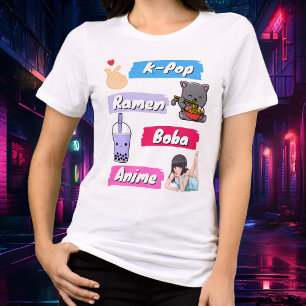 Camiseta Tee do Pop de K-Pop, Ramen, Boba e Anime