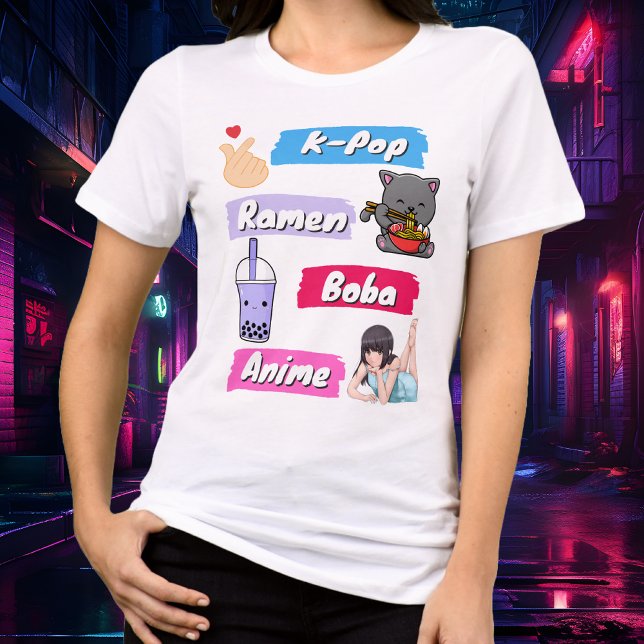 Camiseta Tee do Pop de K-Pop, Ramen, Boba e Anime (Anime, Boba, Ramen, K-Pop colorful fan graphic tee!)