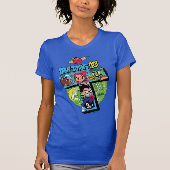 Camiseta Teen Titans Go! | Colagem em Torre de Titãs (Frente)