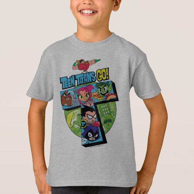 Camiseta Teen Titans Go! | Colagem em Torre de Titãs (Frente)
