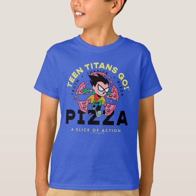 Camiseta Teen Titans Go! Robin "Truth Justice Pizza" (Frente)