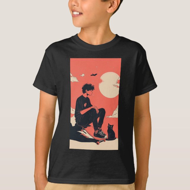 Camiseta Teenager sitting on skateboard and next to his cat (Frente)