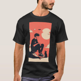 Camiseta Teenager sitting on skateboard and next to his cat