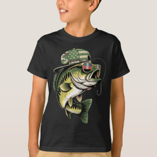 Camiseta Teens boy camo bass fishing american flag fishing