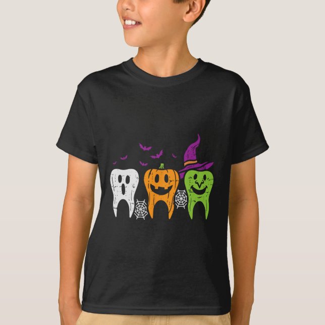 Camiseta Teeth Ghost Pumpkin Witch Cute Dental Halloween De (Frente)