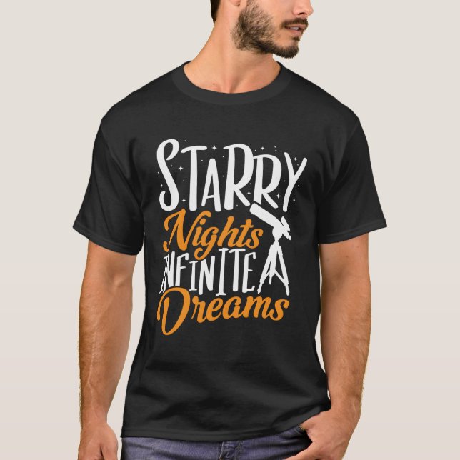 Camiseta Telescópio Starry Noites Infinitas Sonhos Astronom (Frente)