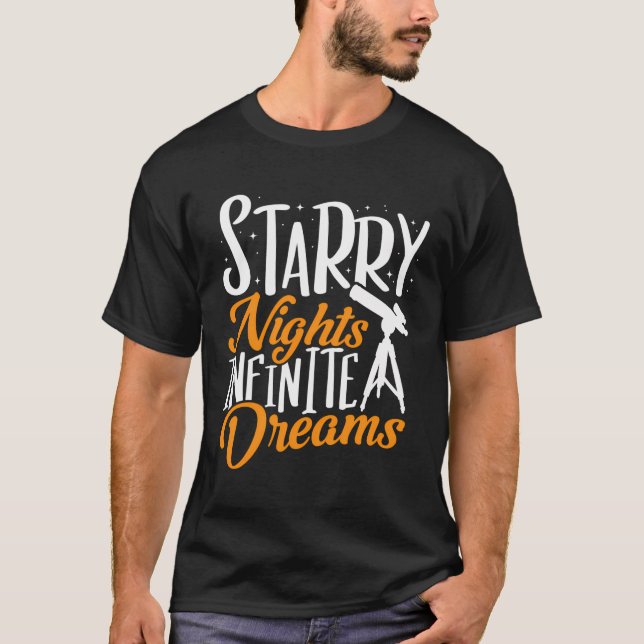 Camiseta Telescópio Starry Noites Infinitas Sonhos Astronom (Frente)