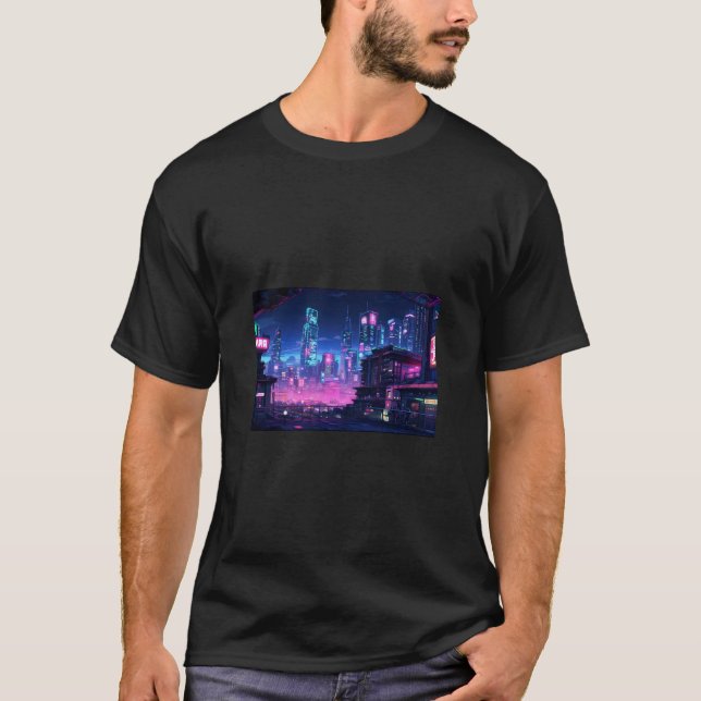 Camiseta Telhado da Cidade Noturna Cyberpunk (Frente)