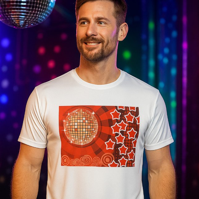 Camiseta Tema de Festa Disco Vermelha com Estrelas e Bola d (Criador carregado)
