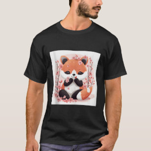 Camiseta Tema De Panda Vermelha E Flor De Cereja Estilo Ado