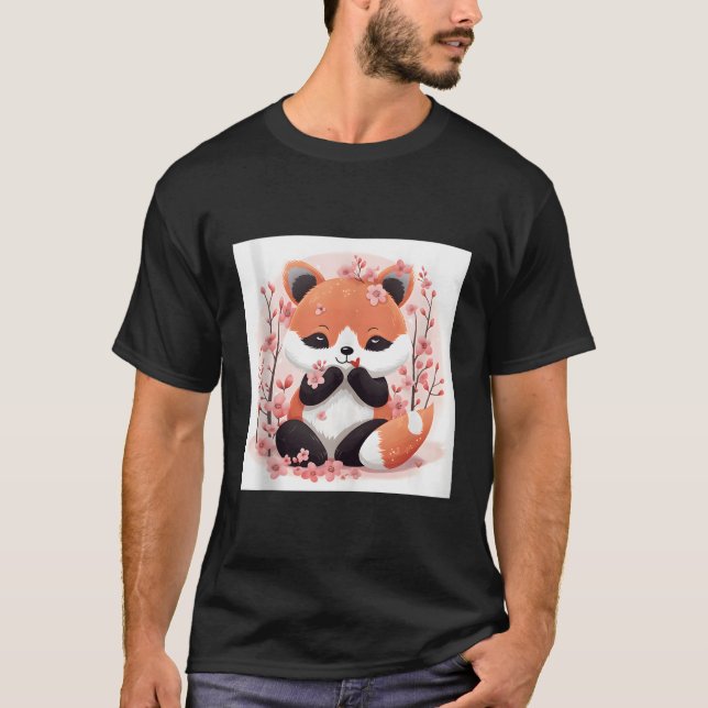 Camiseta Tema De Panda Vermelha E Flor De Cereja Estilo Ado (Frente)
