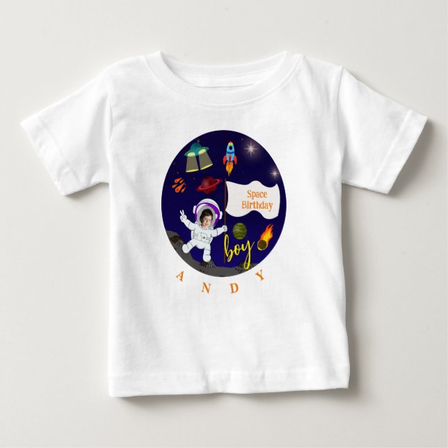 Camiseta Tema do Espaço de Cartoons de Aniversário (Frente)