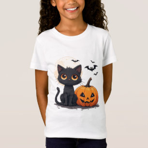 Camiseta Tema Mágico de Halloween do Gato Preto Kawaii 🎃