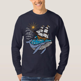 Camiseta Tema Náutico de Baleia Azul Navio à Vela Onda 