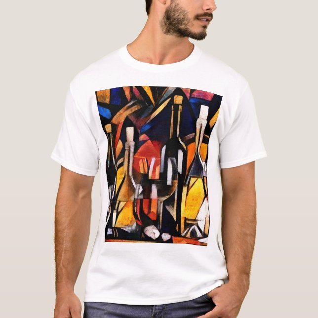 Camiseta Temas do vinho Cubismo: Garrafas e Uvas (Frente)