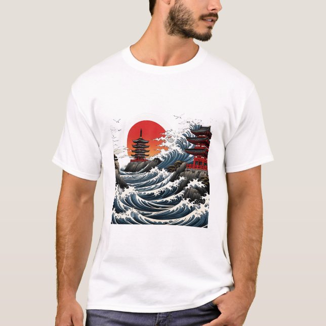 Camiseta Temple Wave Art - Ukiyo-e Japanese Sunset Design (Frente)