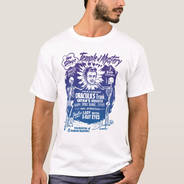Camiseta Templo do poster da mostra do susto do mistério (Frente)