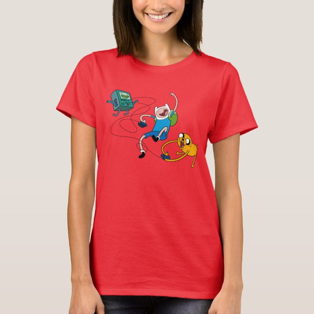 Camiseta Tempo de Aventura | Finn & Jake Play Com BMO (Frente)
