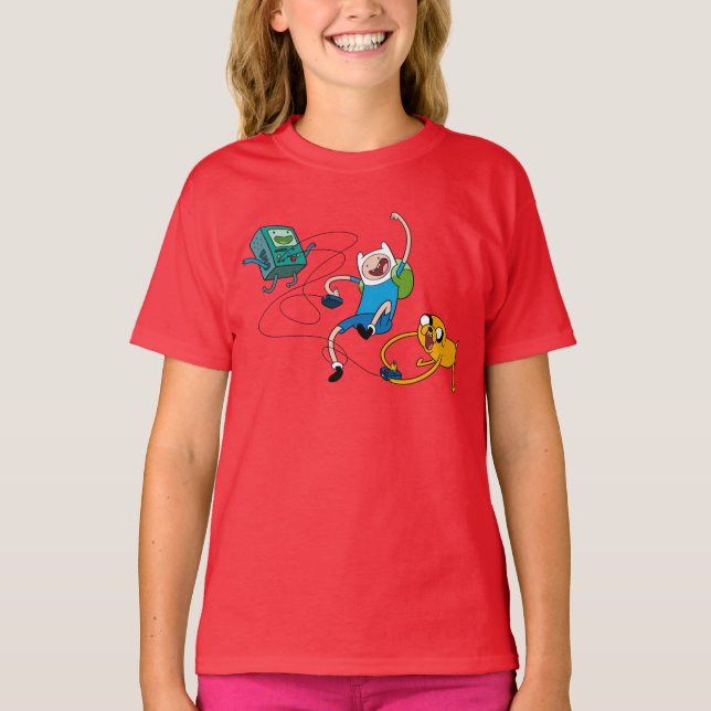 Camiseta Tempo de Aventura | Finn & Jake Play Com BMO (Frente)