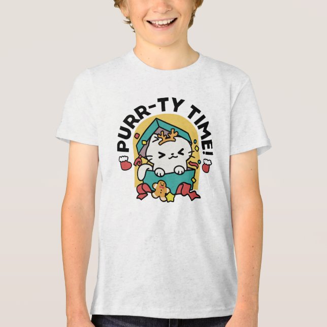 Camiseta Tempo Puro! - Design de Natal para Gatos Festivos (Frente)