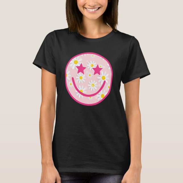 Camiseta Tendência de Flor de Rosto Feliz Rosa (Frente)