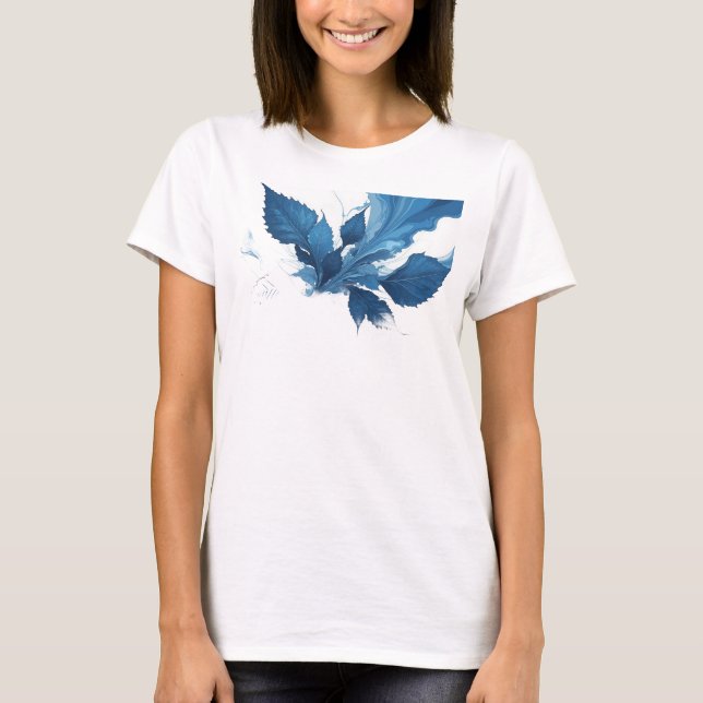 Camiseta Tendy com Folhas Abstratas da Marinha (Frente)