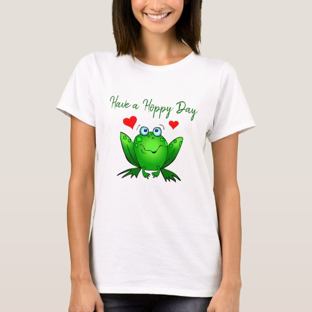 Camiseta Tenha um Dia Saltitante Sapo Verde Fofo com Coraçõ (Frente)