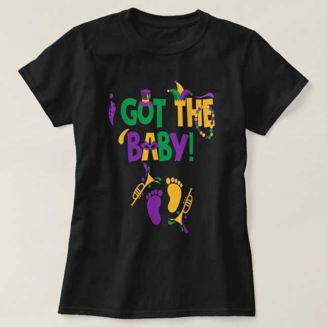 Camiseta Tenho O Bebê Mardi Gras Anunciante De Gravidez O (Frente do Design)