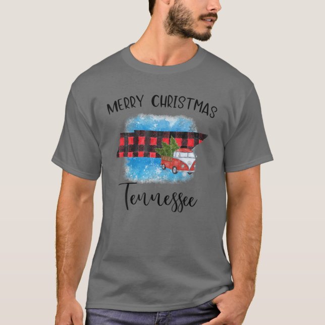 Camiseta Tennessee Merry Christmas Truck Buffalo Plaid Xmas (Frente)