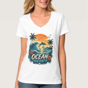 Camiseta Terapia Oceânica   Praia Tropical Retro & Golfinho