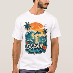 Camiseta Terapia Oceânica   Praia Tropical Retro & Golfinho