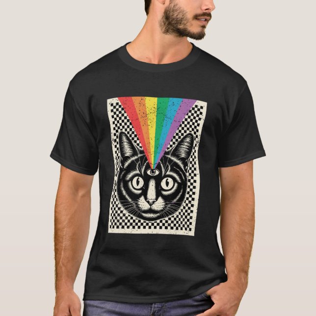 Camiseta Terceiro Olho Gato Arco-Íris Raios Psicodélico Ópt (Frente)