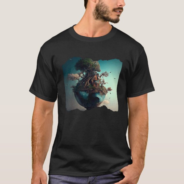 Camiseta Terra e Trabalho de arte surreal da casa das árvor (Frente)