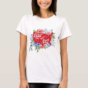 Camiseta Terra floral azul e branca vermelha que eu adoro T