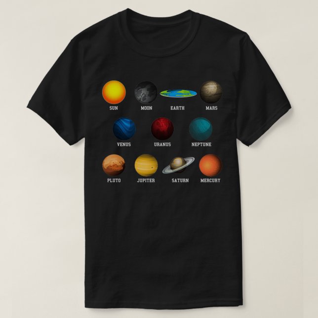 Camiseta Terra Plana e planetas Terras Planas Engraçadas (Frente do Design)