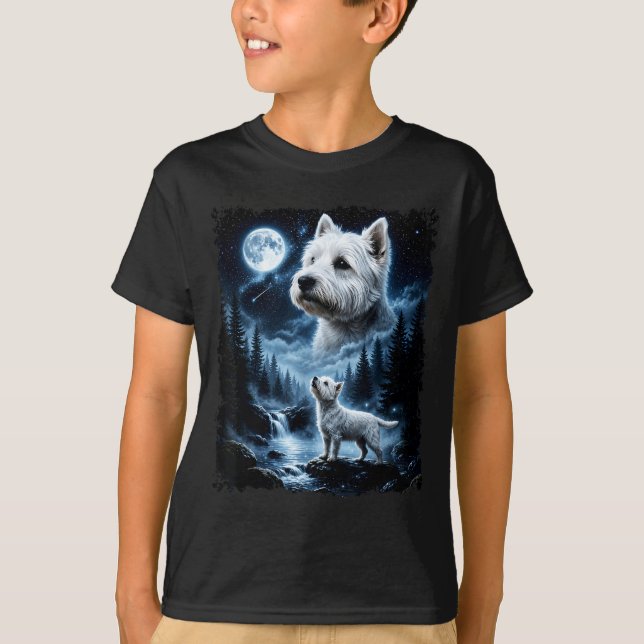 Camiseta Terrier Branco do West Highland Uivando à Lua (Frente)