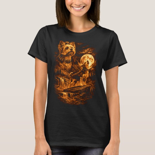 Camiseta Terrier Yorkshire Uivando Lua Yorkie Cachorro Fant (Frente)