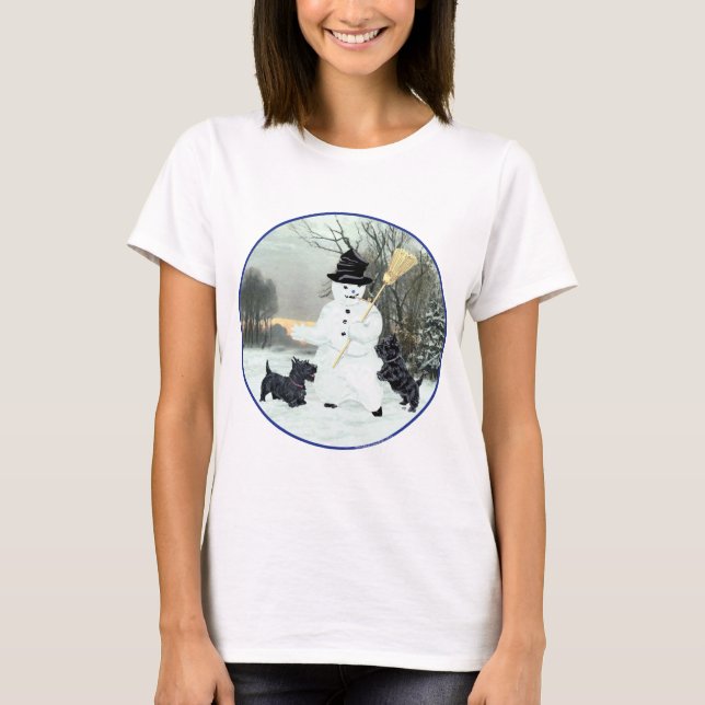 Camiseta Terriers Escoceses Constroem Boneco de Neve (Frente)