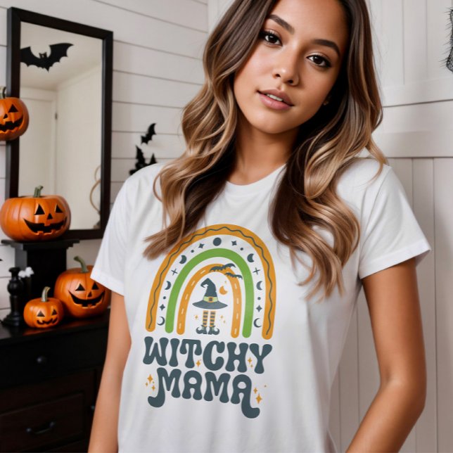 Camiseta Testemunha Mamãe Mãe Rainbow Grooveen Halloween (Witchy Mama Mom Mother Rainbow Groovy Halloween T-Shirt)