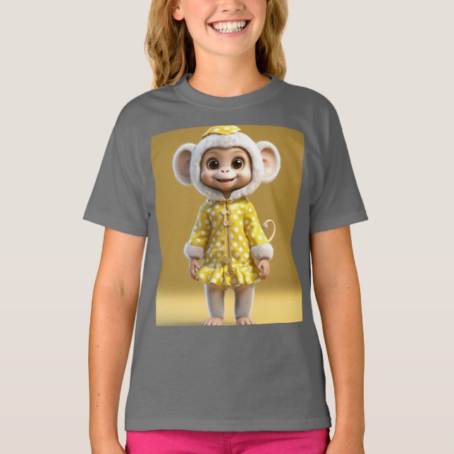 Camiseta Teto Adorável de Macaco Bebê 3D em Bolinhas Amarel (Frente)