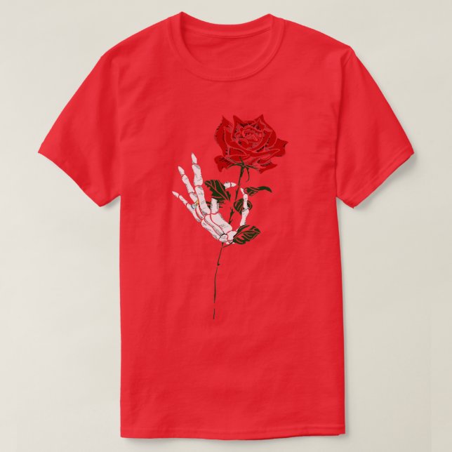 Camiseta Teto de Design de Tatuagem de Rosa de Skeleton (Frente do Design)