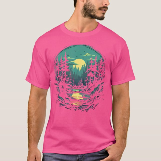 Camiseta Teto De Lua Da Montanha Da Floresta E Do Pinheiro  (Frente)