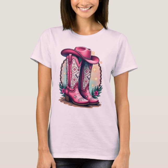 Camiseta Teto do Gráfico de Boots & Hat, Moça Rosa (Frente)