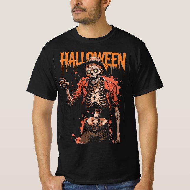 Camiseta Teto Rosário do Esqueleto de Halloween Casual (Frente)