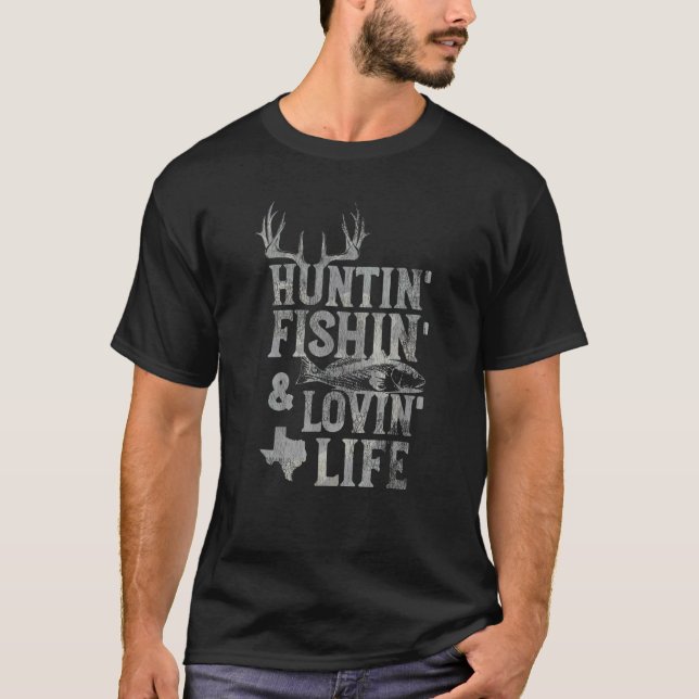 Camiseta Texas Caça Pesca Amando a Vida Cervos e Peixes (Frente)
