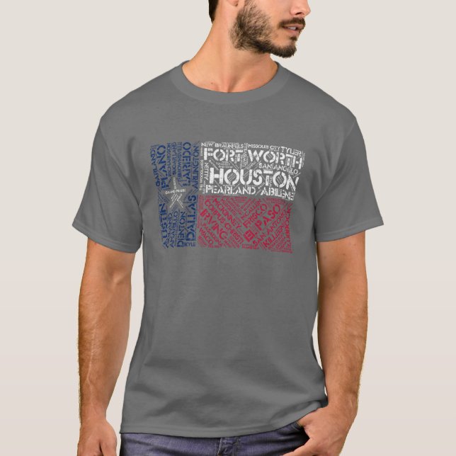 Camiseta Texas Flag com City Names Word Art (Frente)
